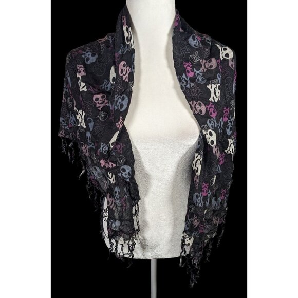Gothic Y2K Skull And Crossbone Lightweight Scarf With Fringe - Picture 2 of 8